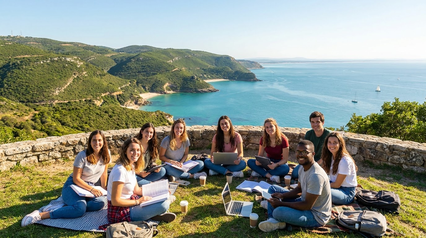 Estudantes em ambiente académico com a Serra da Arrábida e o Estuário do Sado em Setúbal ao fundo